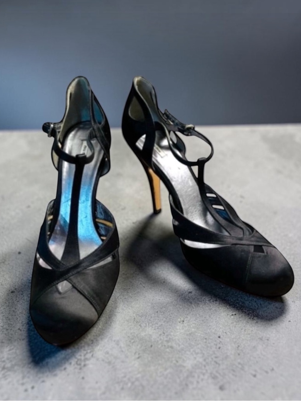 MIU MIU T-STRAP BLACK SATIN EVENING HEEL SIZE 40 ITALY